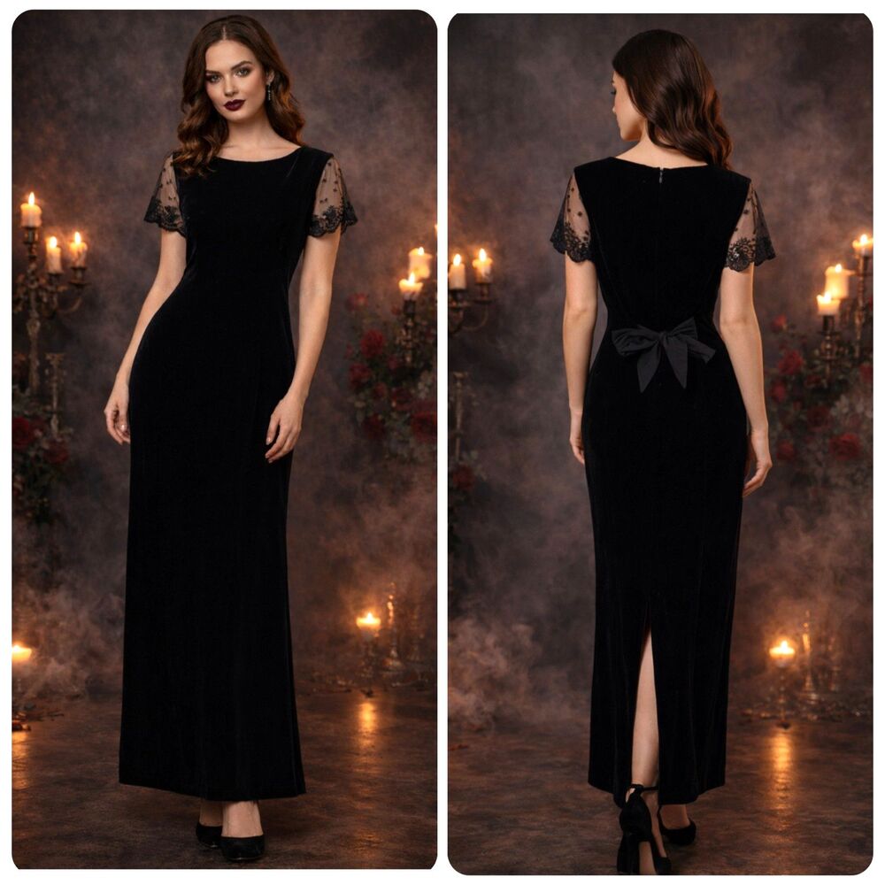 Vintage Robbie Bee Velvet Maxi Dress 12 Black Lace Sleeve Bow Gothic Slit Witchy